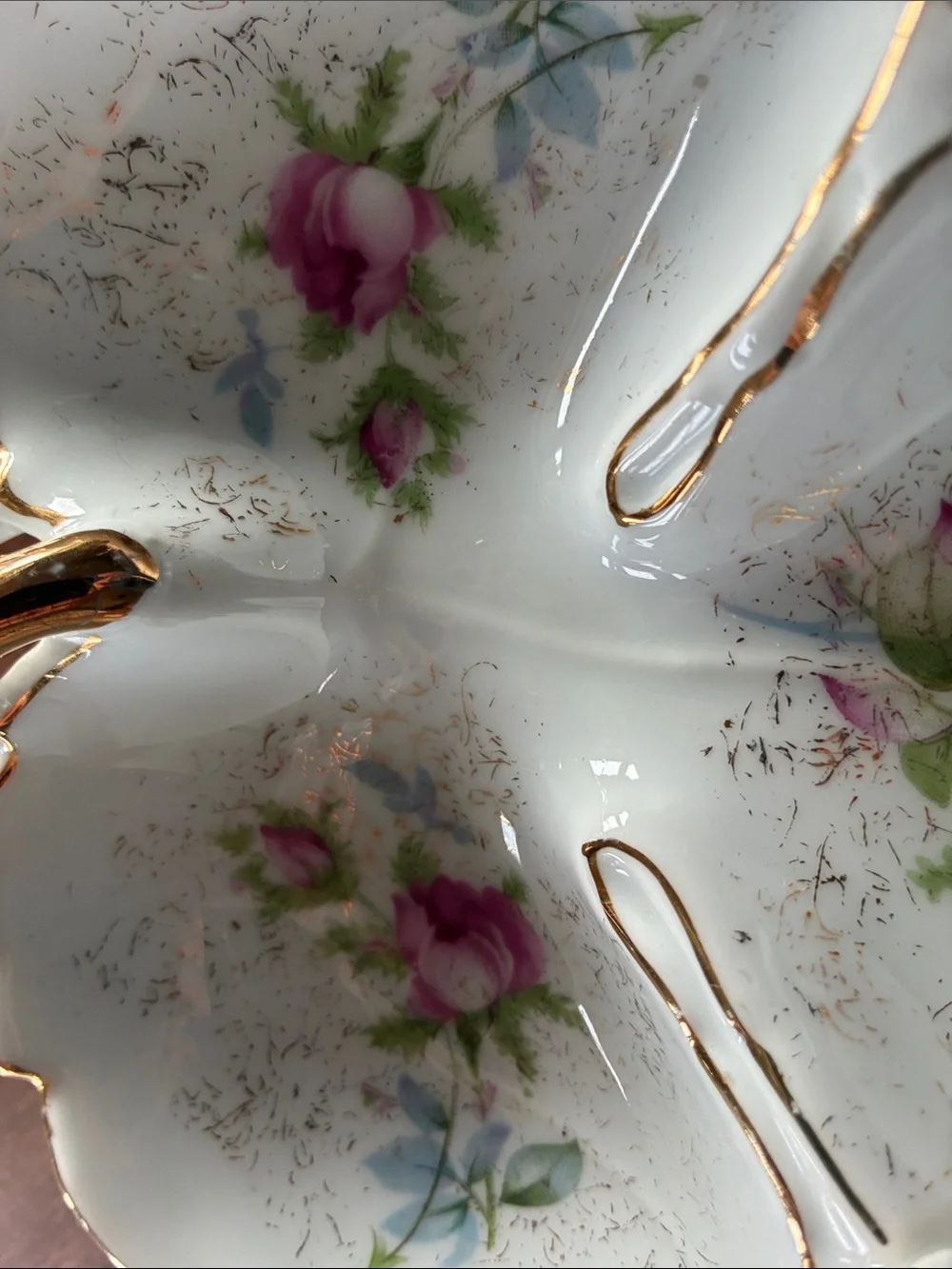 Vintage Floral Triple Dish - Pink Rose Porcelain with Gold Trim